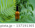 Glass bottles of toner and serum with leaves on green background. Beauty product packaging display 137191365
