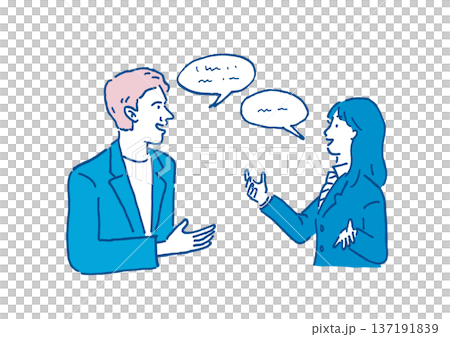Illustration of a man and woman conversing in English Illustration of a man and woman conversing in English 137191839