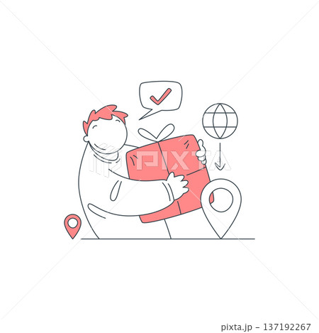 Worldwide Gift Delivery And Online Shopping Success Vector Line Art Illustration 137192267