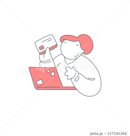Woman Makes An Online Shopping Purchase With Credit Card Vector Line Illustration Woman Makes An Online Shopping Purchase With Credit Card Vector Line Illustration 137192268