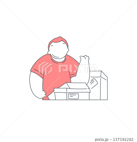 Man Unpacking A Box After Online Shopping Delivery Service Vector Illustration 137192282