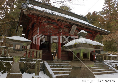 Kitaguchi Hongu Sengen Jinja Shrine in Fujiyoshida of Yamanashi Japan during the winter. This is the traditional Shinto entrance to the path to the summit of Mt. Fuji, and dates from the year 100AD Kitaguchi Hongu Sengen Jinja Shrine in Fujiyoshida of Yamanashi Japan during the winter. This is the traditional Shinto entrance to the path to the summit of Mt. Fuji, and dates from the year 100AD 137192473