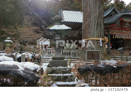 Kitaguchi Hongu Sengen Jinja Shrine in Fujiyoshida of Yamanashi Japan during the winter. This is the traditional Shinto entrance to the path to the summit of Mt. Fuji, and dates from the year 100AD Kitaguchi Hongu Sengen Jinja Shrine in Fujiyoshida of Yamanashi Japan during the winter. This is the traditional Shinto entrance to the path to the summit of Mt. Fuji, and dates from the year 100AD 137192479