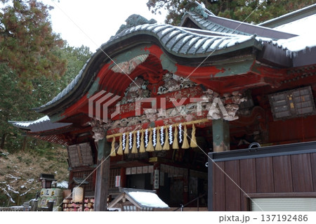 Kitaguchi Hongu Sengen Jinja Shrine in Fujiyoshida of Yamanashi Japan during the winter. This is the traditional Shinto entrance to the path to the summit of Mt. Fuji, and dates from the year 100AD Kitaguchi Hongu Sengen Jinja Shrine in Fujiyoshida of Yamanashi Japan during the winter. This is the traditional Shinto entrance to the path to the summit of Mt. Fuji, and dates from the year 100AD 137192486