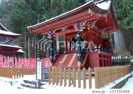 Kitaguchi Hongu Sengen Jinja Shrine in Fujiyoshida of Yamanashi Japan during the winter. This is the traditional Shinto entrance to the path to the summit of Mt. Fuji, and dates from the year 100AD 137192488