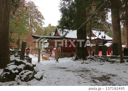Kitaguchi Hongu Sengen Jinja Shrine in Fujiyoshida of Yamanashi Japan during the winter. This is the traditional Shinto entrance to the path to the summit of Mt. Fuji, and dates from the year 100AD 137192495