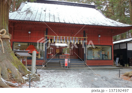 Kitaguchi Hongu Sengen Jinja Shrine in Fujiyoshida of Yamanashi Japan during the winter. This is the traditional Shinto entrance to the path to the summit of Mt. Fuji, and dates from the year 100AD Kitaguchi Hongu Sengen Jinja Shrine in Fujiyoshida of Yamanashi Japan during the winter. This is the traditional Shinto entrance to the path to the summit of Mt. Fuji, and dates from the year 100AD 137192497
