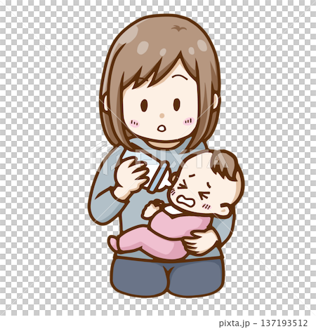 泣く赤ちゃんに哺乳瓶でミルクをあげて驚く・気づく母親のイラスト（授乳・ミルク拒否） 137193512