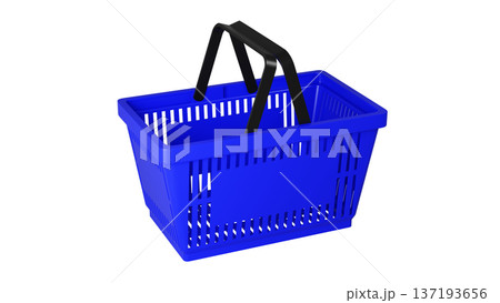Plastic shopping basket, blue empty store basket, supermarket shopping cart concept, 3D rendering, isolated on white background, retail, grocery, consumer shopping, market container. 137193656