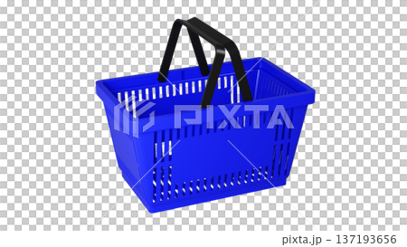 Plastic shopping basket, blue empty store basket, supermarket shopping cart concept, 3D rendering, isolated on white background, retail, grocery, consumer shopping, market container. 137193656
