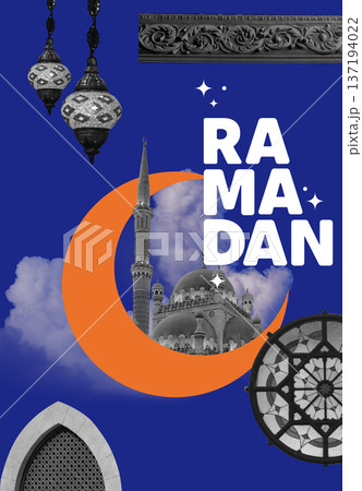 Eid Mubarak card in minimalists style, Arabic style Ramadan Kareem poster with collage of mosque and decorative arch 137194022