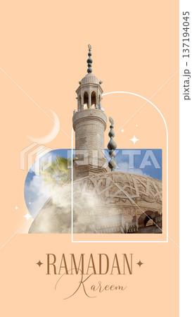 Eid Mubarak carol in minimalists style, Arabic style Ramadan Kareem poster with collage of mosque and decorative arch 137194045