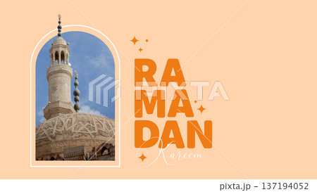 Eid Mubarak carol in minimalists style, Arabic style Ramadan Kareem poster with collage of mosque and decorative arch Eid Mubarak carol in minimalists style, Arabic style Ramadan Kareem poster with collage of mosque and decorative arch 137194052