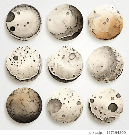 Collection of Artistic Moon-like Spheres with Cratered Surfaces, Celestial Body Illustration 137194200