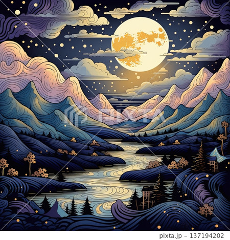 Enchanting Night Landscape Painting with Full Moon and Winding River. Illustration. Enchanting Night Landscape Painting with Full Moon and Winding River. Illustration. 137194202