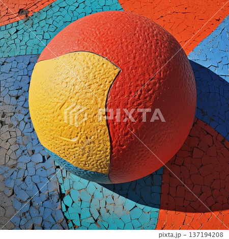 Colorful Sphere on Cracked Mosaic Surface Abstract Art with Vibrant Red, Yellow, Blue Colors Colorful Sphere on Cracked Mosaic Surface Abstract Art with Vibrant Red, Yellow, Blue Colors 137194208