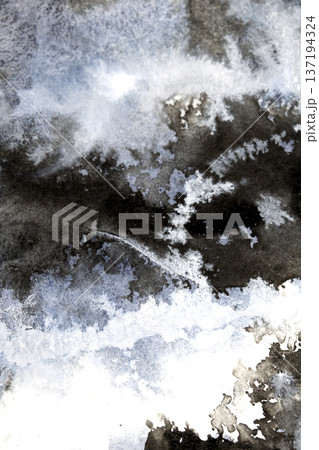 Abstract black and grey watercolour paint and ink swirling on white paper background to look like clouds and monochrome wash 137194324