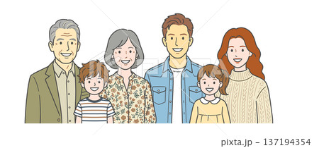 三世代家族の集合イラスト（笑顔の祖父母と両親と子ども） 137194354