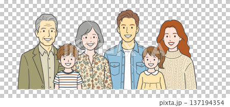 三世代家族の集合イラスト（笑顔の祖父母と両親と子ども） 137194354