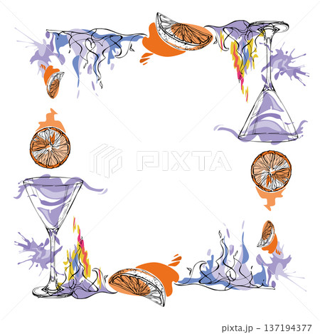 Lavender aviation cocktail in martini glass, burning flames, orange juice and slices. Hand drawn ink silhouettes modern vector frame. Isolated for event graphics, nightlife branding, recipe spreads. 137194377