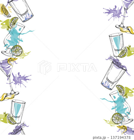 Vector seamless double strip of Kamikaze, Aviation, Blue Lagoon cocktail drinks. Color splashes, bright flat fills. Hand drawn in ink for party ribbons, digital designs, packaged goods, craft sets. 137194378