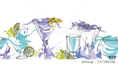 Tropical flavor lemonade, cyan liquid naliwka, energy drink served with citrus zest. Cool tone shot and cocktail ribbon with crisp ink outlines. Hand drawn vector for seamless borders and menu strips. 137194398