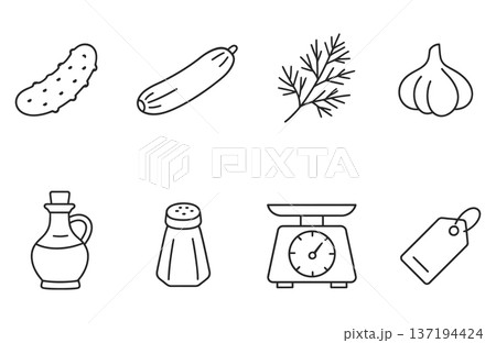 Set of food and kitchen icons: pickle, cucumber, dill, garlic, oil, salt, weight, price tag 137194424