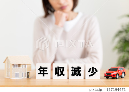 年収減少のブロックと悩むミドル女性 137194471