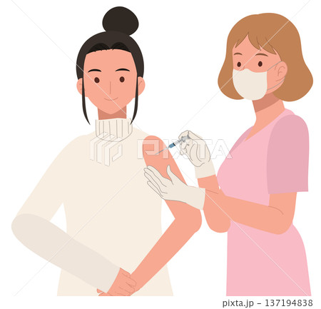 Female nurse giving vaccine injection to young woman in a clinic during vaccination campaign Female nurse giving vaccine injection to young woman in a clinic during vaccination campaign 137194838