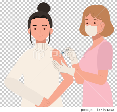 Female nurse giving vaccine injection to young woman in a clinic during vaccination campaign Female nurse giving vaccine injection to young woman in a clinic during vaccination campaign 137194838