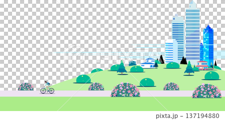 一幅扁平化的插圖，描繪了一個人騎著自行車行駛在公園的道路上，周圍是盛開的杜鵑花和一群摩天大樓。 137194880