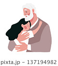 Grandfather hugging granddaughter. Flat vector illustration. Family relationship and generation bond concept. A gray-haired elderly man hugs a child. Design for greeting card. 137194982