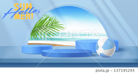 Summer beach podium with palm trees and ocean view Summer beach podium with palm trees and ocean view 137195293
