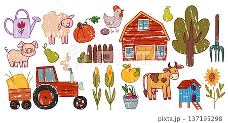 Cute farm animals and tractor isolated on white 137195298