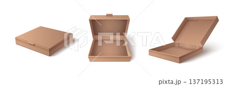 Open and closed 3d cardboard pizza box mockup Open and closed 3d cardboard pizza box mockup 137195313