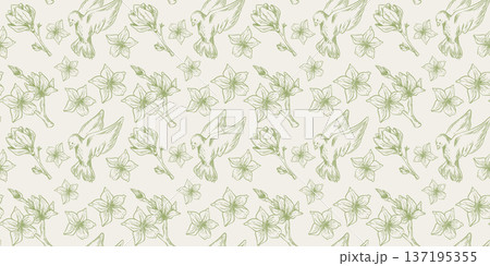 Sketch style spring seamless pattern, flying birds 137195355