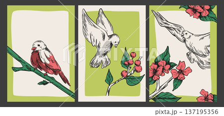 Sketch flying and perched birds, vintage cards 137195356