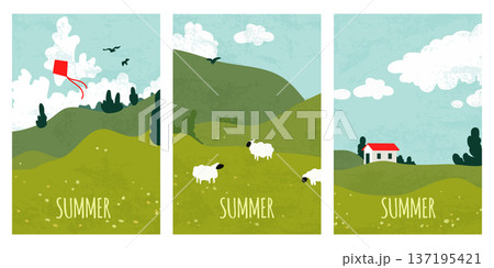Green grass hills, spring meadow, flying red kite 137195421