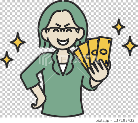 圖：一位40多歲的微笑的女子手持一張鈔票 137195432