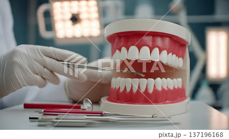 Close up of dentist hands in gloves using professional dental equipment to examine a toy model for educational purposes and pediatric oral health care studies. AI Generated 137196168