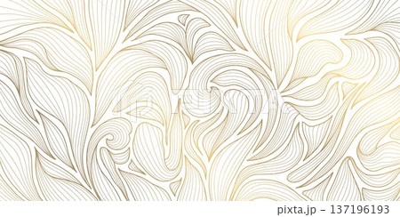 Luxury Art Deco pattern with elegant gold line leaves and floral motifs on white background. Vector design Japanese ornament, tropical palms, organic waves, wallpaper, spa branding, tea packaging. 137196193
