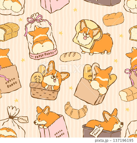 Corgi Sploot Butt Bread Loaf Seamless Pattern Kawaii Dog Bakery Doodle Whimsical Repeating Background 137196195