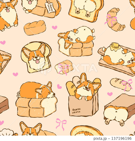 Kawaii Corgi Sploot Bread Loaf Seamless Pattern Cute Dog Bakery Doodle Whimsical Repeating Background 137196196