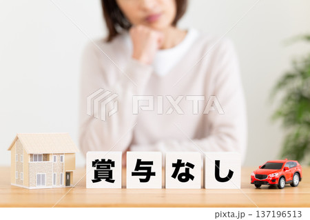 賞与なしのブロックと悩むミドル女性 137196513