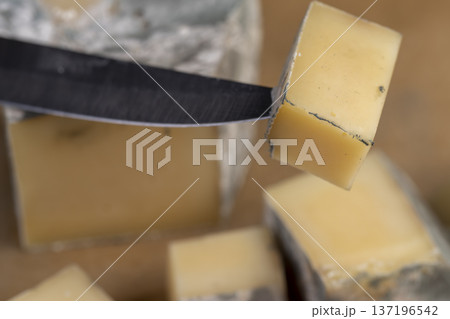 an old spoiled orange cheese with a lot of colorful mold, an inedible and dangerous cheese that was spoiled during the improper storage, the cheese with mold dangerous to health 137196542