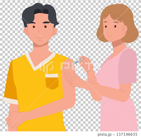 Vaccination injection healthcare concept. illustration of nurse giving vaccine to adult man 137196635