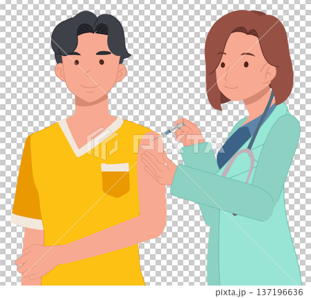 Doctor administering flu shot to male patient in hospital setting during immunization campaign for disease prevention and long term immunity. 137196636