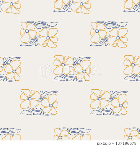 Outline Seamless Botanical Pattern With Hand-Drawn Floral Tiles. Abstract Flowers of Matisse Inspired on White Background. Contemporary Minimalist Vector Illustration 137196679