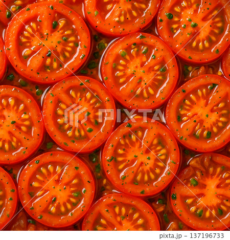 スライスした新鮮なトマトのマリネのテクスチャ 137196733