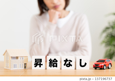 昇給なしのブロックと悩むミドル女性 昇給なしのブロックと悩むミドル女性 137196737